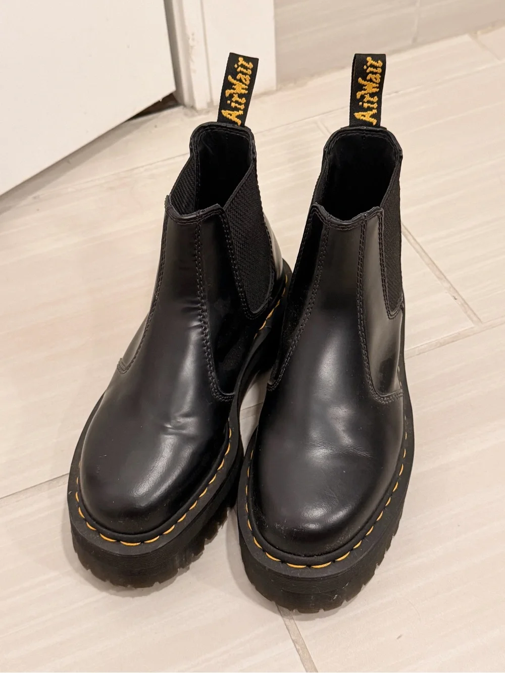 Dr. Martens Black Leather Chelsea Boots with Yellow Stitching